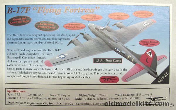 Dare 1/16 Boeing B-17F RC (Radio  Control) 75.5 inch Wingspan Flying Model, 520EL plastic model kit